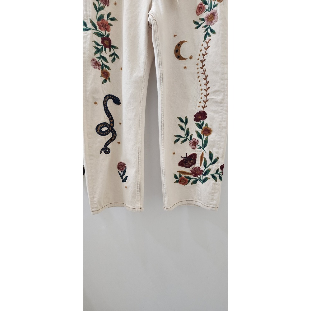 Driftwood Elaine Embroidered Celestial Moon Snake Jeans Cream 29 NEW - Picture 2 of 9